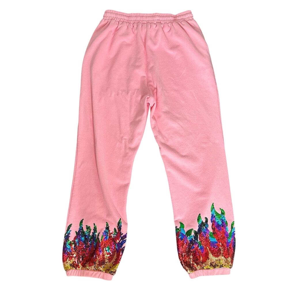 Queen of Sparkles Pink Sequin Rainbow Flame Sweatpants Joggers Large Womens - Picture 9 of 16